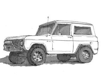 WHITE FORD BRONCO - Truck, 4x4, suv, Off-Road, oj Simpson, Drawing, Pen and Ink, Sketchbook, Art, Print, Drawn There