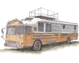 CONVERTED SCHOOL BUS - Blue Bird, Schoolie, Vanlife, Off Grid Skoolie, Ink and Watercolor, Painting, Drawing, Art Print, Drawn There