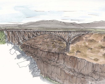 RIO GRANDE BRIDGE near Taos, New Mexico - Gorge, River, Canyon, Ink and Watercolor, Drawing, Painting, Art, Engineering, Drawn There