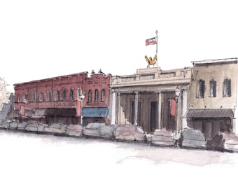 MCKINNEY DOWNTOWN - Digital Download for SBG Hospitality -  Main Street, Architecture, Historic District, Ink and Watercolor, Drawn There