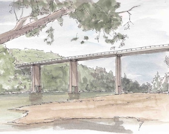 DILLARDS FERRY on the Buffalo National River - Arkansas, Pen and Ink, Drawing, Watercolor, Painting, Sketchbook, Art, Bridge, Drawn There