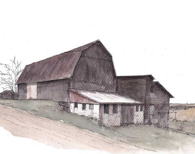 BARN on DIRT ROAD - Tioga County Pennsylvania, Rural, Farm, Ink and Watercolor Painting, Drawing, Plein Air, Art, Drawn There