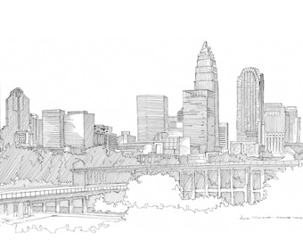 CHARLOTTE NORTH CAROLINA - Skyline, Architecture, Drawing, Pen and Ink, Sketchbook, Art, Drawn There