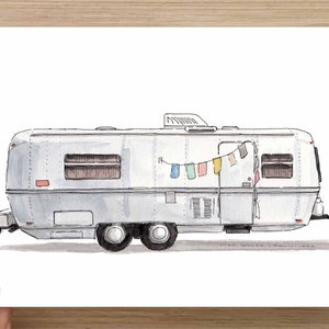 VINTAGE AIRSTREAM TRAILER - Kamper, Roadtrip, Boho, Chic, RV, Malarstwo akwarelowe, Rysunek, Szkicownik, Sztuka, Drawn There