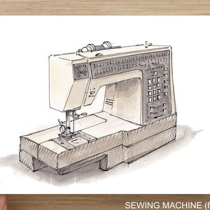 SEWING MACHINE - Ink and Watercolor, Art Print, Drawing, Pen and Ink, Watercolor, Arts and Crafts, Seamstress, Fashion, Garment, Drawn There