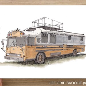 CONVERTED SCHOOL BUS - Blue Bird, Schoolie, Vanlife, Off Grid Skoolie, Ink and Watercolor, Painting, Drawing, Art Print, Drawn There