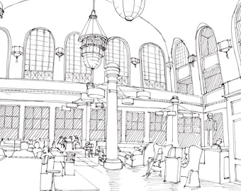 UNION STATION DENVER, Colorado - Interior, Architecture, Train Station, Travel, Drawing, Pen and Ink, Sketchbook, Art, Drawn There