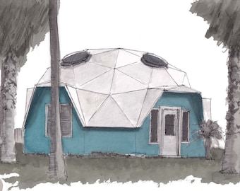 GEODESIC DOME HOUSE - Architecture, Buckminster Fuller, Ink and Watercolor Drawing Painting, Custom House Painting, Drawn There