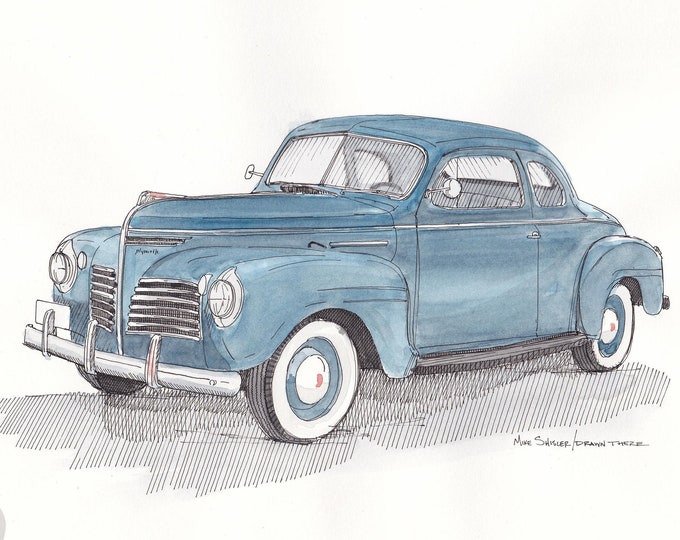 1941 PLYMOUTH CLASSIC CAR - Vintage, Blue, White Wall Tires, Ink Drawing, Watercolor Painting, Sketchbook, Sketch, Art, Drawn There