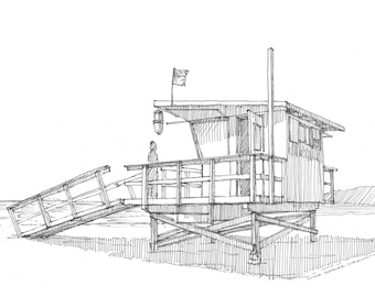 VENICE BEACH LIFEGUARD - Pen and Ink, Drawing, Sketchbook, Art Print, Lifeguard Stand, Ocean, California, Sand, Pacific Ocean, Drawn There