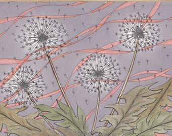 DANDELIONS - Make a Wish, Flowers, Plants, Watercolor Painting, Drawing, Ethereal, Floating, Pink, Purple, Art, Art Print, Drawn There