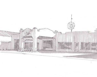 MARFA PUBLIC RADIO - Vintage Architecture, npr, West Texas, Ink Drawing, Sketch, Black and White, Art, Pen and Ink, 5x7, 8x10