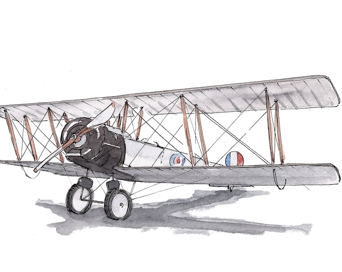 WWI BIPLANE AIRPLANE - 1914, Avro 504, Dogfight, Military, Drawing, Watercolor, Painting, Sketchbook, Art, Print, Drawn There