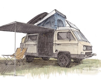 WESTY CAMPER VAN - Camper, Vanlife, Van, Drawing, Pen and Ink, Watercolor, Painting, Art, Sketchbook, Drawn There