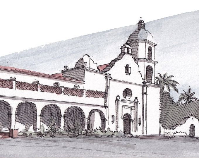 MISSION SAN LUIS Rey - Oceanside, Spanish Mission Architecture, Church, Drawing, Watercolor Painting, Sketchbook, Art, Print, Drawn There