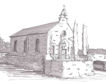 ADRIATICA CHAPEL in McKinney Texas - Church, Wedding, Lake, Architecture, Ink Drawing, Sketch, Art, Pen and Ink, Drawn There