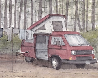 RED WESTFALIA - Vanlife, Campervan, Camping, Roadtrip, Ink & Watercolor Painting, Drawing, Art, Custom, Drawn There