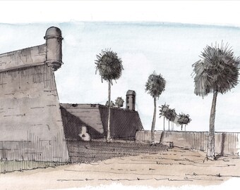 SAINT AUGUSTINE FORT - Castillo de San Marcos, Florida, Plein Air Ink and Watercolor Painting, Drawing, Sketchbook, Art, Drawn There