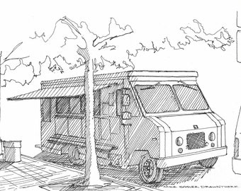 FOOD TRUCK - Street Food, Vendor, Box Truck, Street Tacos, Pen and Ink, Drawing, Sketchbook, Art, Urban Sketcher, Drawn There