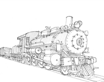 LOCOMOTIVE STEAM ENGINE - Train, Railroad, Travel, Wild West, Art Print, Line Drawing, Art, Pen and Ink, Drawing, Sketchbook, Drawn There