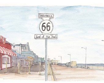 SANTA MONICA PIER - California, Route 66, Beach, Surf, Boardwalk, Drawing, Pen and Ink, Watercolor, Painting, Art, Sketchbook, Drawn There