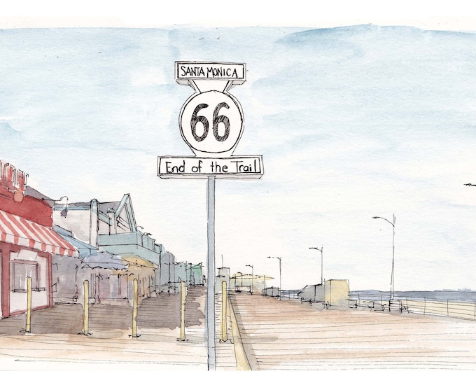 SANTA MONICA PIER - California, Route 66, Beach, Surf, Boardwalk, Drawing, Pen and Ink, Watercolor, Painting, Art, Sketchbook, Drawn There