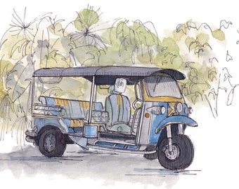 TUK TUK RICKSHAW - Thailand, Taxi, Three Wheel Vehicle, Quirky, Ink and Watercolor Painting, Drawing, Sketchbook, Art, Drawn There