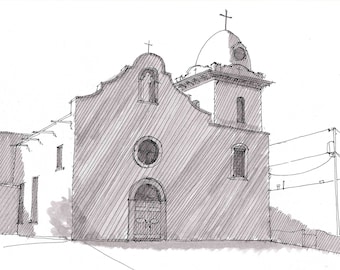 YSLETA MISSION CHURCH in El Paso, Texas - Pen and Ink, Art Prints, Drawing, Architecture, South West, Line Drawing, Drawn There