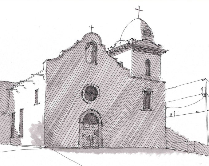 YSLETA MISSION CHURCH in El Paso, Texas - Pen and Ink, Art Prints, Drawing, Architecture, South West, Line Drawing, Drawn There