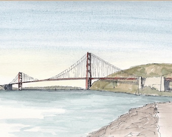 GOLDEN GATE BRIDGE - San Francisco, Bay, California, Drawing, Pen and Ink, Painting, Watercolor, Sketchbook, Drawn There, Art Print, Pelican