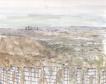 HOLLYWOOD SIGN - From the Backside, Griffith Park, Hollywood Hills, Drawing, Pen and Ink, Watercolor, Painting, Skyline, Drawn There