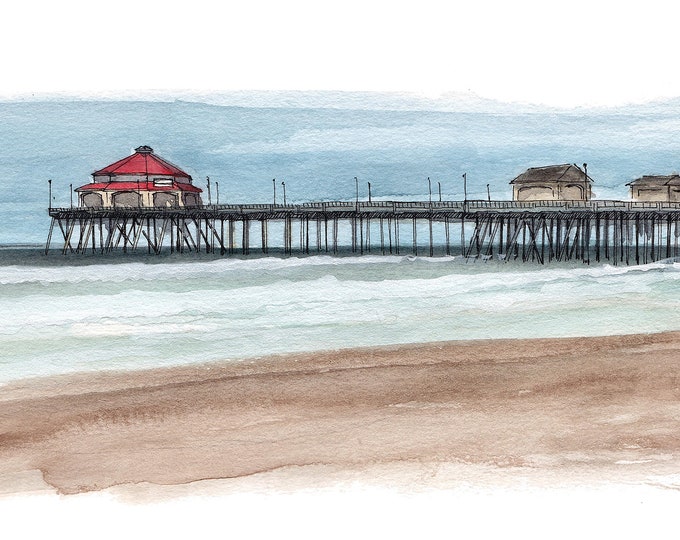 HUNTINGTON BEACH PIER - Southern California, Pacific, Architecture, Landscape, Drawing, Watercolor Painting, Sketchbook, Art, Drawn There