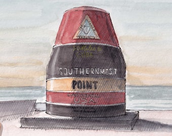 SOUTHERNMOST POINT BUOY - Key West, Florida, Cuba, Tourist Attraction, Drawing, Ink and Watercolor Painting, Sketchbook, Drawn There