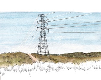 HIGH VOLTAGE POWERLINES - Electricity, Power Lines, Grassy Field, Landscape Painting, Drawing, Sketchbook, Art, Print, Drawn There
