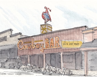 JACKSON WYOMING - Cowboy Bar, Downtown, Wild West, Biker Bar, Art, Ink and Watercolor, Drawing, Painting, Sketchbook, Drawn There