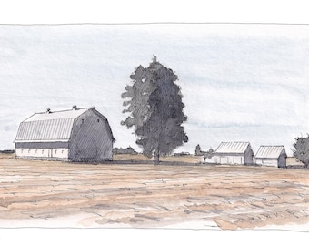 WHITE BARNS and HAYFIELD - Farm, Rural, Ink and Watercolor Plein Air Landscape Painting, Drawing, Sketchbook, Architecture, Drawn There