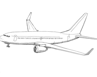 BOEING 737 AIRPLANE - Jet, Commercial Airliner, Fly, Travel, Flight, Ink Drawing, Line Drawing, Art, Print, Black and White, Drawn There