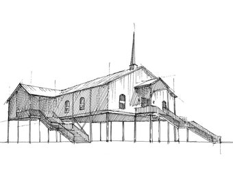 STILT CHURCH - Gulf Coast, Texas, Gulf of Mexico, Architecture, Flooding, Noahs Ark, Ocean, Ink Drawing, Sketchbook, Art, Drawn There