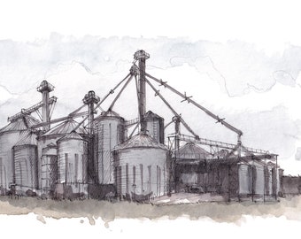 AGRICULTURE GRAIN BINS - Farming, Farm, Farmlife, Engineering, Plein Air, Drawing, Watercolor, Painting, Sketchbook, Art, Print, Drawn There