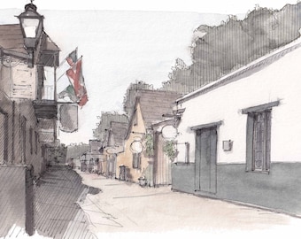 HISTORIC SAINT AUGUSTINE - Florida, Saint George Street, Urbansketcher, Plein Air Ink and Watercolor Painting, Drawing, Art, Drawn There