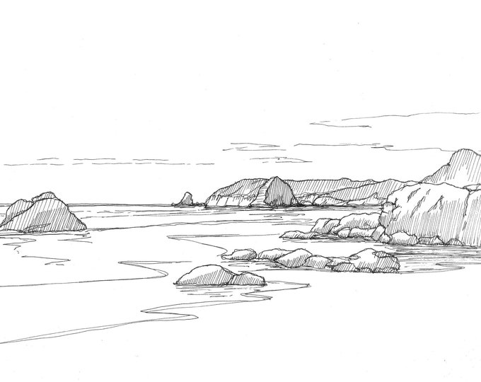 OREGON ROCKY BEACH - Cannon Beach, Ecola State Park, Ocean, Pacific Northwest, Pen and Ink, Drawing, Sketch, Art Print, Drawn There