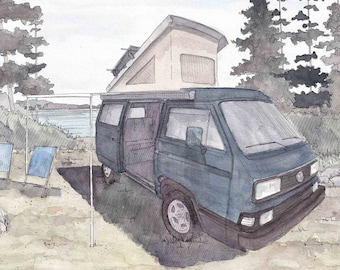 BLUE WESTY CAMPERVAN - Vanlife, Campervan, Camping, Roadtrip, Ink & Watercolor Painting, Drawing, Art, Custom, Drawn There