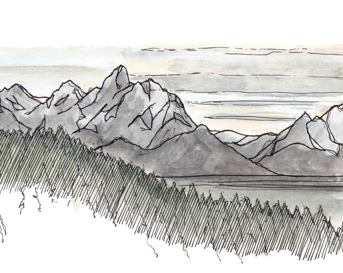 GRAND TETON SUNSET - National Park, Wyoming, Mountains, Snow, Sky, Art, Ink and Watercolor, Drawing, Painting, Sketchbook, Drawn There