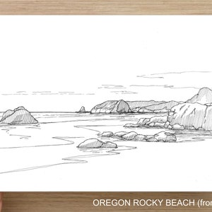 PLAYA ROCOSA DE OREGON - Cannon Beach, Parque Estatal Ecola, Océano, Noroeste del Pacífico, Pluma y Tinta, Dibujo, Boceto, Impresión Artística, Dibujado Allí
