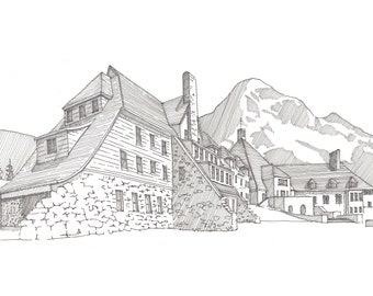 TIMBERLINE LODGE - Pen and Ink, Art, Drawing, Painting, Hotel, Ski Resort, Mount Hood, Skiing, Oregon, Architecture, Drawn There