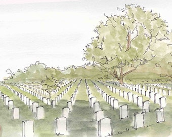 ARLINGTON NATIONAL CEMETERY - Military, Honor, Veteran, Washington dc, Drawing, Pen and Ink, Painting, Watercolor, Art Print, Drawn There