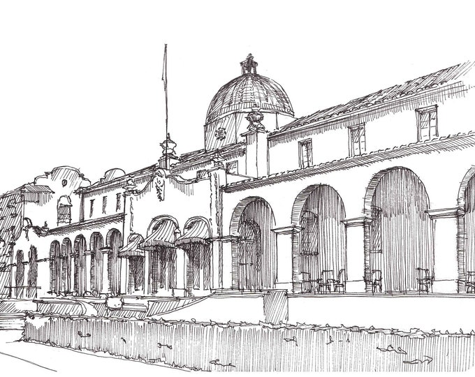 HOT SPRINGS ARKANSAS - Quapaw Bath House, Architecture, Bath House Row, Pen and Ink, Drawing, Sketchbook, Art Print, Drawn There