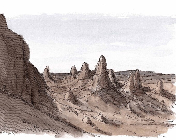 TRONA PINNACLES - California Tufa Spires, Mohave Desert Landscape Painting, Plein Air Ink & Watercolor Drawing, Art, Sketchbook Drawn There