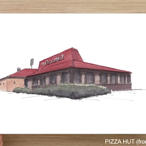 PIZZA HUT RESTAURANT - Restauration rapide, Plat profond, Classique, Bar à salades, Architecture, Dessin, Aquarelle à l&#39;encre, Plein Air, Art, Dessiné là