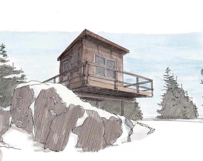ALPINE SKI HUT, Lake Tahoe - Ink and Watercolor, Painting, Drawing, Art Print, Sketchbook, Skiing, Snowboarding, Winter, Snow, Drawn There